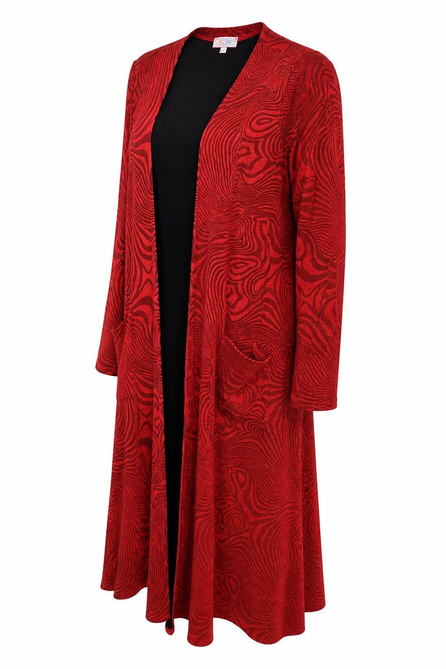 Sarah Long Duster Cardigan Womens SZ L Red Black Swirl Print Open Front Pockets